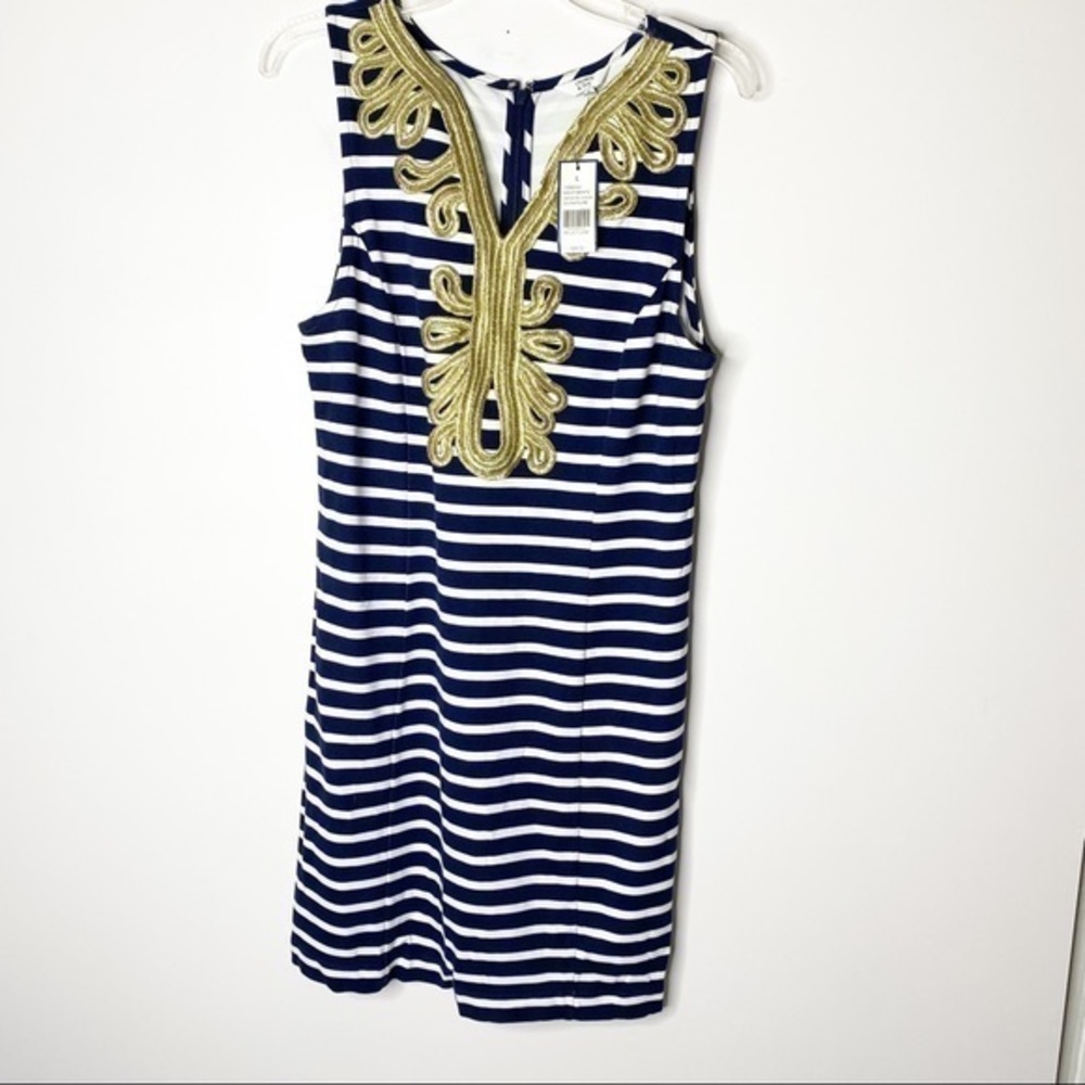 NWT Crown & Ivy Navy & White Striped Dress With Gold Detailing‎ Size Large
